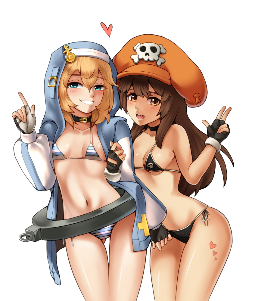 <3 2girls androgyne_symbol arm_in_arm ass bikini blonde_hair blue_eyes blush breasts bridget brown_eyes brown_hair choker collar female female_only fingerless_gloves genderswap genderswap_(mtf) grin guilty_gear hat heart heart_tattoo holding_arms long_hair looking_at_viewer may_(guilty_gear) medium_hair n0_image navel open_jacket open_mouth revealing_clothes rule_63 simple_background skull skull_head skull_symbol small_breasts smile standing striped_bra striped_panties striped_swimsuit striped_underwear stripes swimsuit thighs white_background