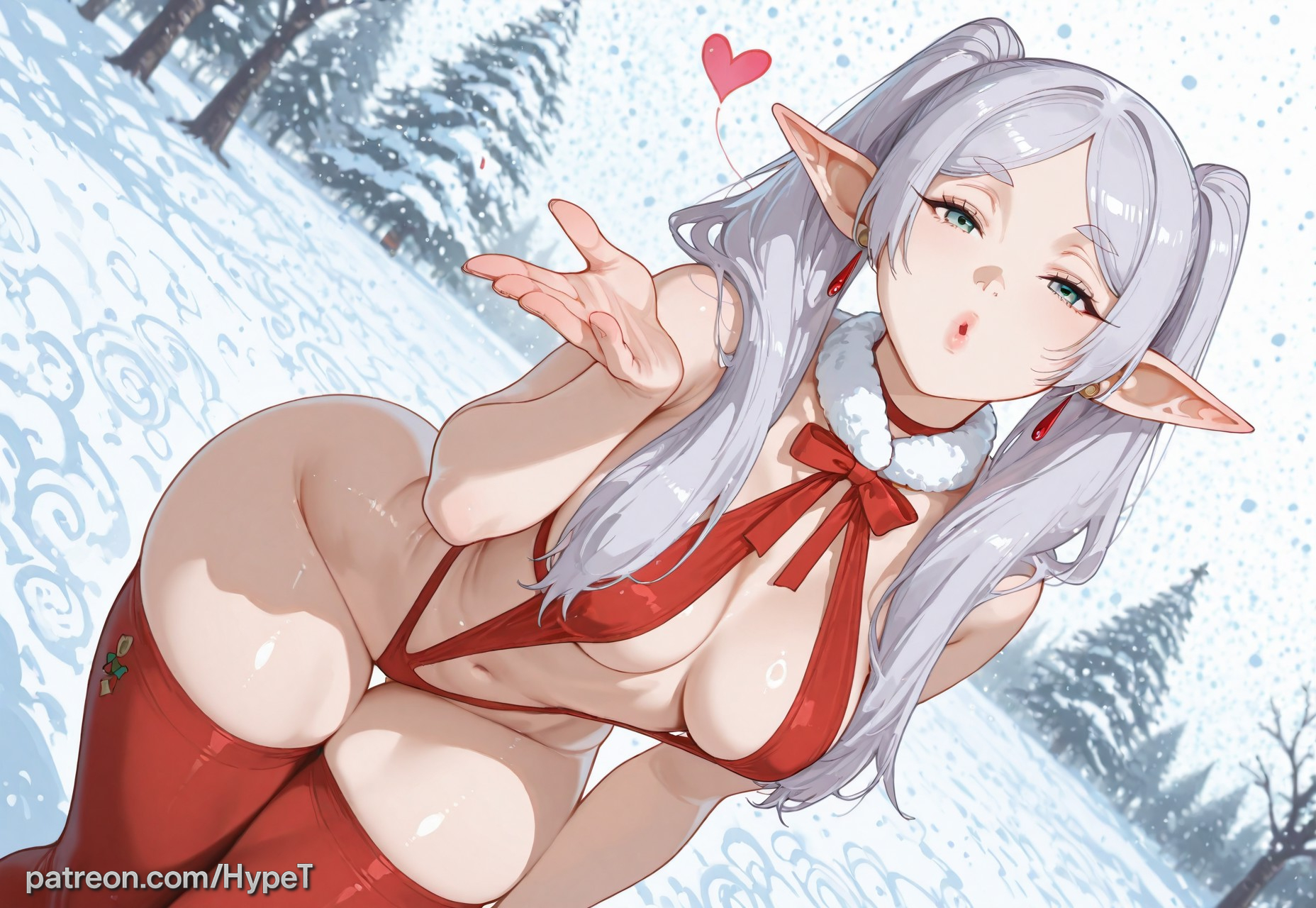 ai generated, alternate version at source, blowing kiss, christmas, christmas outfit, elf, female, female only, frieren, frieren beyond journey's end, green eyes, hips, hypet, legs, long hair, petite, petite body, pointy ears, red outfit, shiny, shiny skin, sling bikini, small breasts, socks, tagme, thick ass, thick hips, thick thighs, thighs, wide hips
