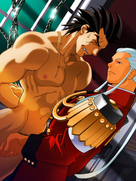 2boys arms_behind_back bara bondage chain chained chains clothed_male_nude_male clothed_on_nude clothing crotch_grab daigo_kazama gay hyo_imawano long_hair male male_only malesub masanori_danshi muscles muscular muscular_male nude rival_schools scar shiritsu_justice_gakuen video_games white_hair yaoi