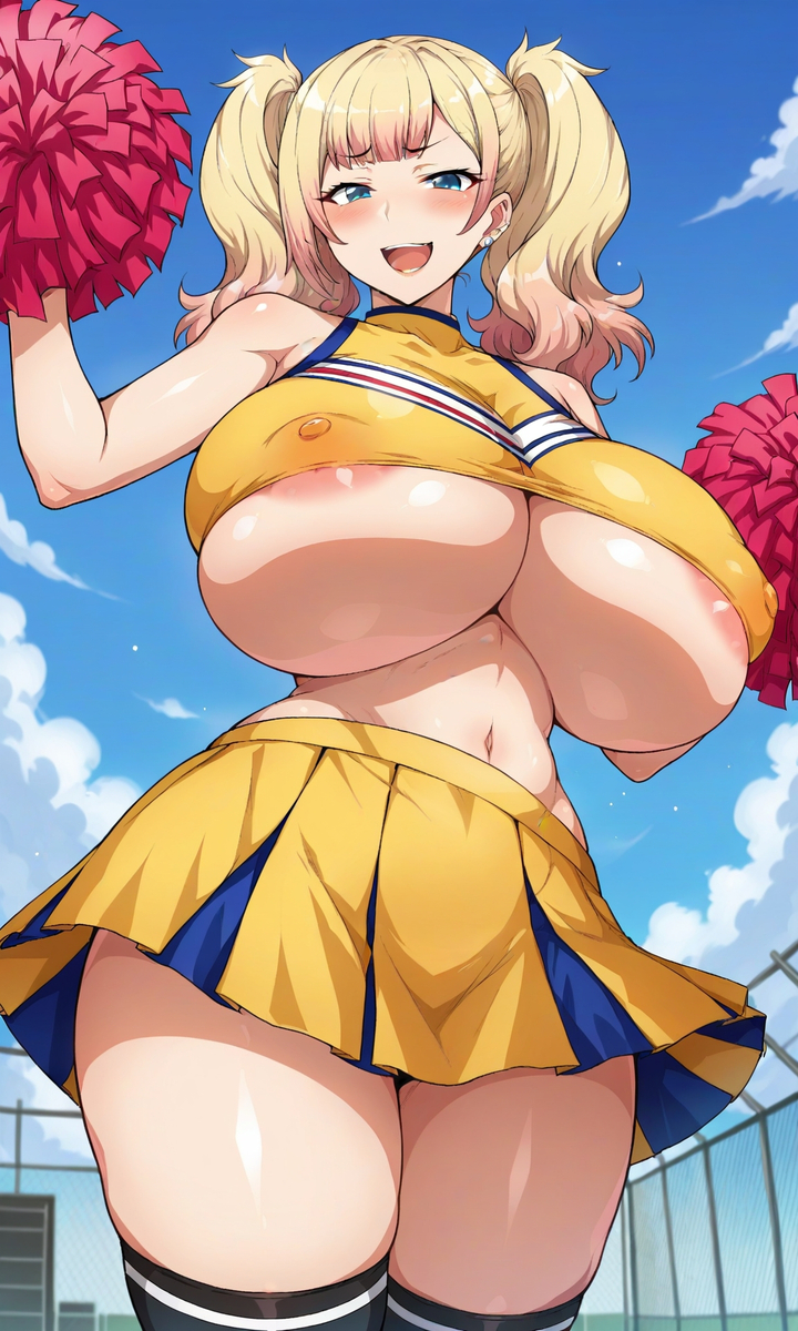 1girls ai_generated areolae big_breasts big_thighs blush breasts busty cheerleader cheerleader_uniform curvy female female_only gigantic_breasts huge_breasts huge_thighs jk_bitch_ni_shiboraretai large_breasts large_thighs massive_breasts milkersenjoyer navel nipple_bulge nipples_visible_through_clothing thick_thighs thighs twintails voluptuous yariko