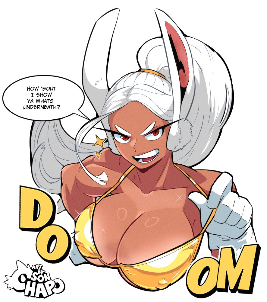 1girls artist_logo big_breasts bikini boku_no_hero_academia bunny_ears bunny_girl busty cleavage dark-skinned_female dark_skin english_text gloves gold_bikini golden_bikini long_eyelashes miruko muscular muscular_female my_hero_academia ponytail red_eyes rumi_usagiyama sonchapo speech_bubble teasing undressing upper_body white_hair