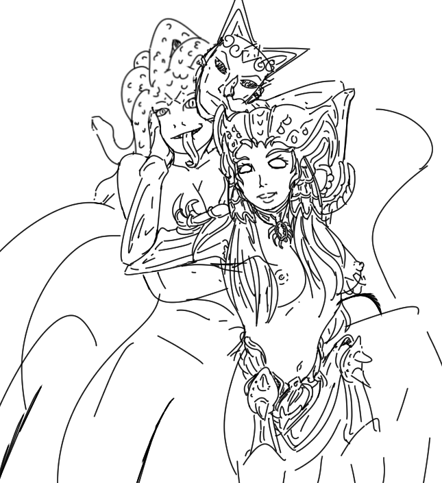 2girls arachne arachne_(smite) arachnid ashur european_mythology greek_mythology hi-rez_studios medusa medusa_(smite) monster monster_girl mythology nightmare_waifu public_domain sketch smite