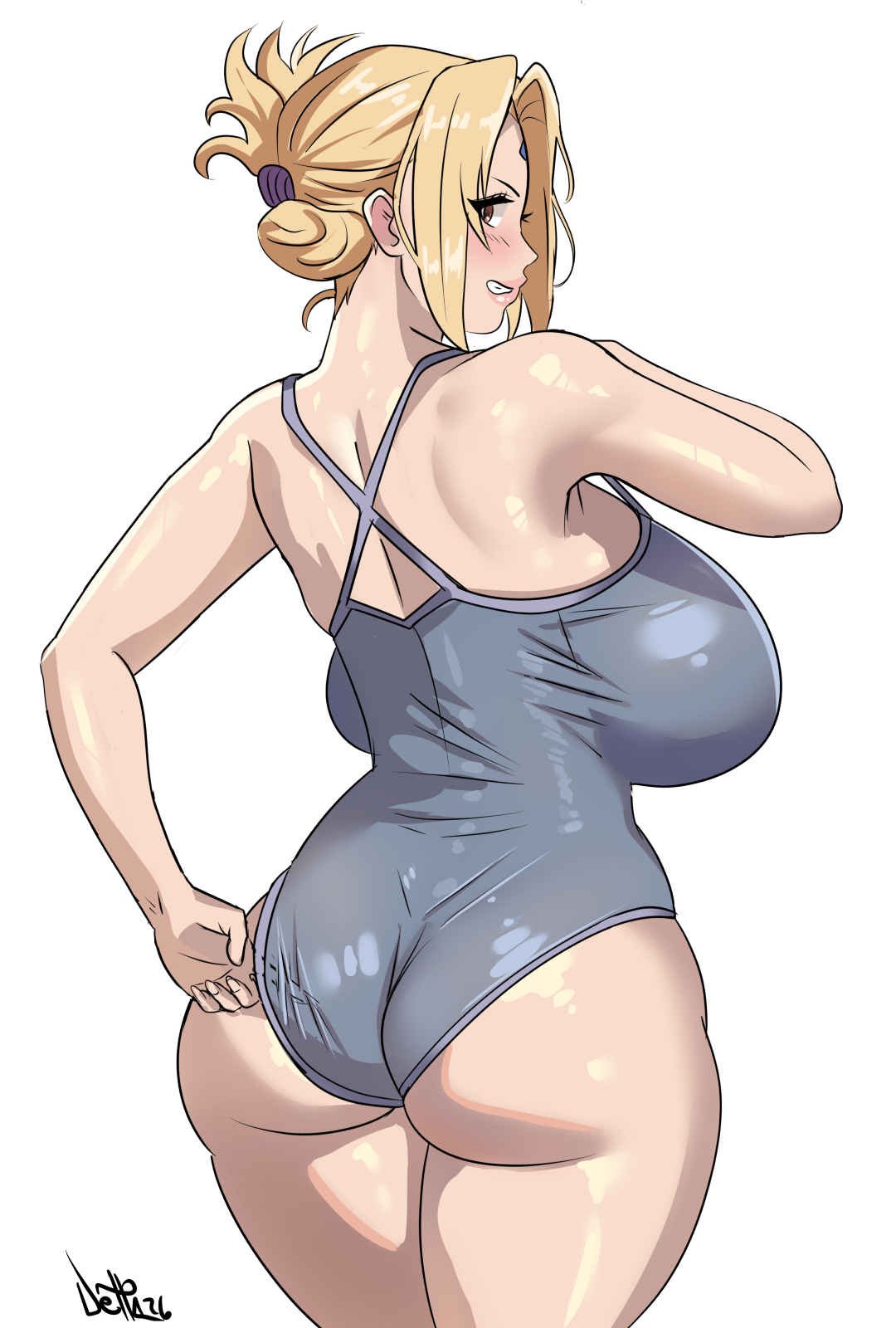 1girls adjusting_clothes ass back bare_shoulders big_breasts blonde_hair breasts delta26 female from_behind highres huge_ass huge_breasts leotard looking_back mature mature_female mature_woman milf naruto naruto_(series) sideboob simple_background solo tied_hair tsunade voluptuous voluptuous_female