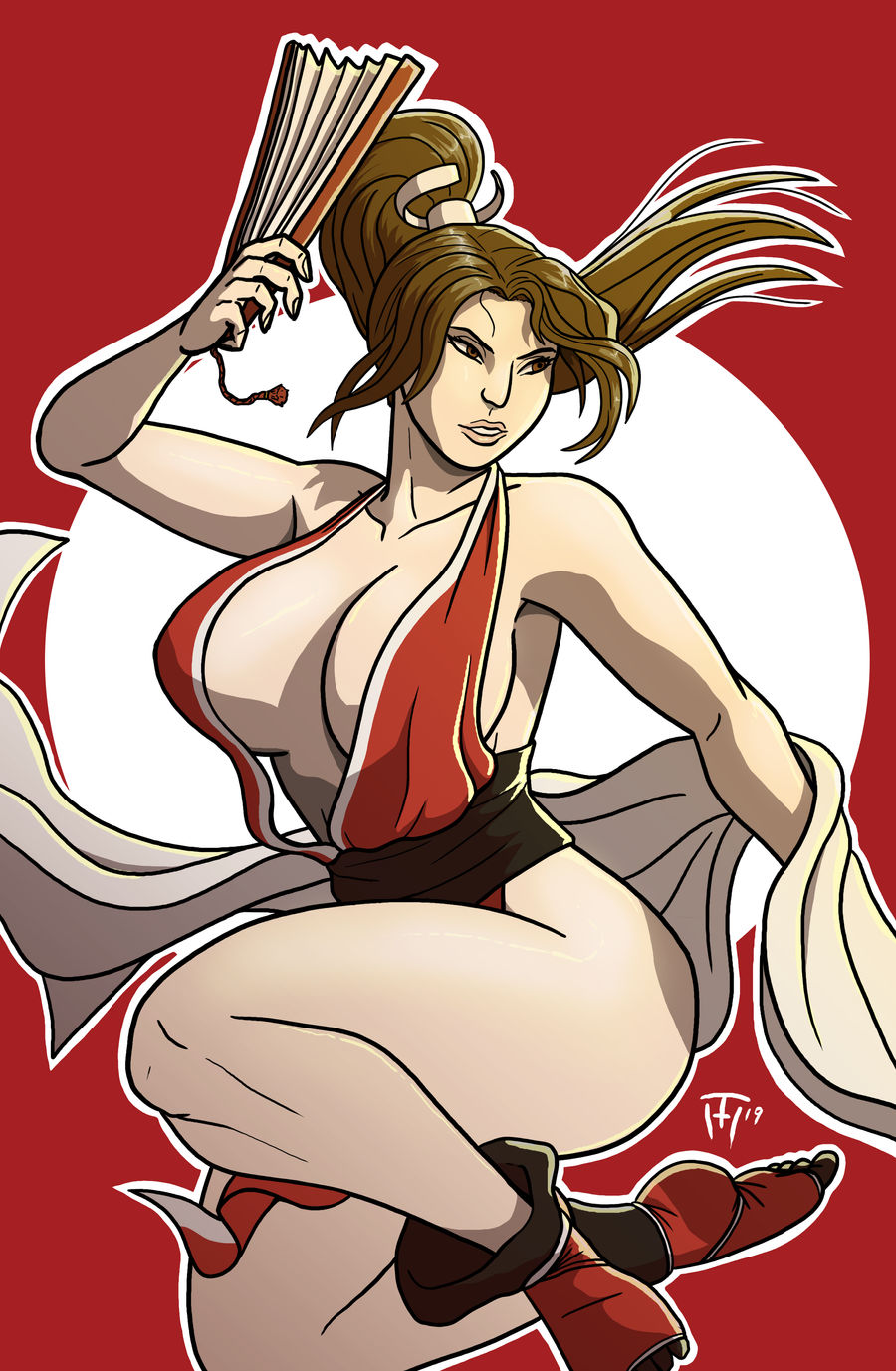 bare_shoulders breasts brown_eyes brown_hair cleavage clothing fatal_fury female female_only folding_fan hand_fan high_ponytail holding_fan king_of_fighters large_breasts lips long_hair looking_at_viewer mai_shiranui ninja no_bra pelvic_curtain ponytail revealing_clothes sash sideboob snk solo tabi tagme taynor_hook thighs tied_hair