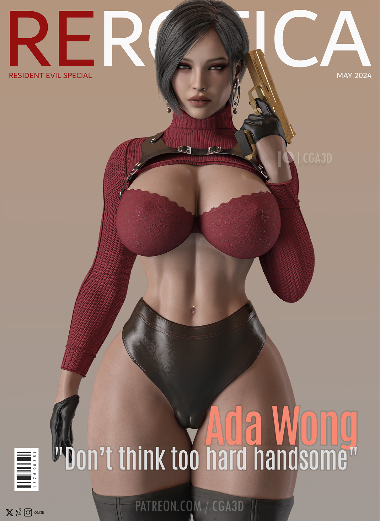 1girls, 3d, 3d (artwork), abs, ada wong, ada wong (adriana), big breasts, black hair, blurry background, bracelet, breasts, cga3d, choker, curvaceous, curvy, curvy female, curvy figure, detailed background, erotichris, female, female focus, female only, hi res, high resolution, highres, large breasts, leather jacket, lingerie, magazine, magazine cover, navel, navel piercing, piercing, resident evil, resident evil 2, resident evil 2 remake, resident evil 4, resident evil 4 remake, shorts, solo, solo female, solo focus, thick thighs, thighhighs, voluptuous, voluptuous female, wide hips