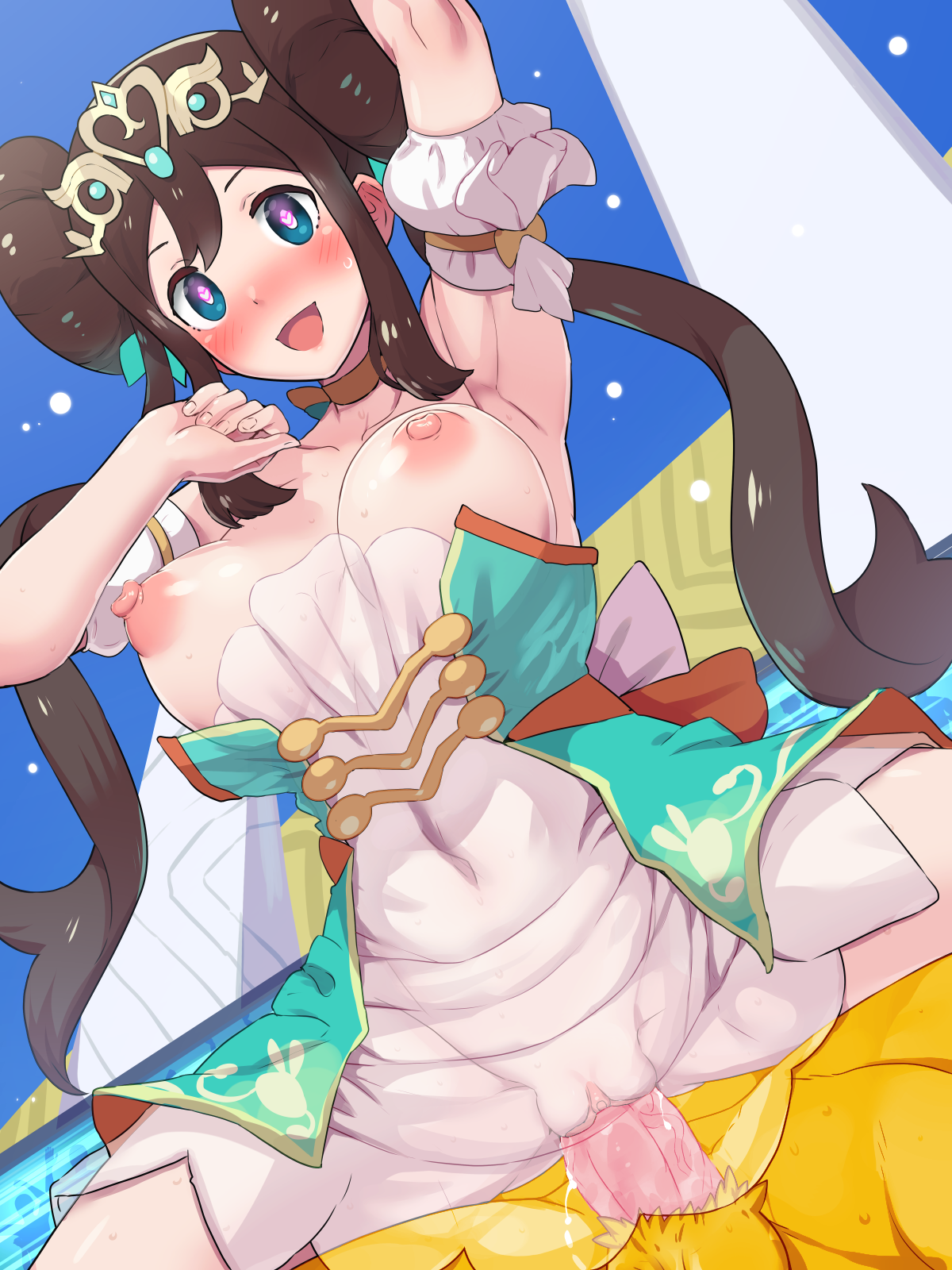 1boy, 1girls, alternate costume, boris (noborhys), brown hair, clothed sex, dress, female, hair bun, hi res, hypno, interspecies, light skin, light-skinned female, long hair, male, mei (champion) (pokemon masters), mei (pokemon), nintendo, official alternate costume, penis, pokemon, pokemon (species), pokemon bw2, pokemon masters, pokephilia, pussy, rosa (champion) (pokemon masters), rosa (pokemon), sex, sleeper, sleeper (pokemon), third-party edit, tiara, twintails, uncensored, vaginal penetration