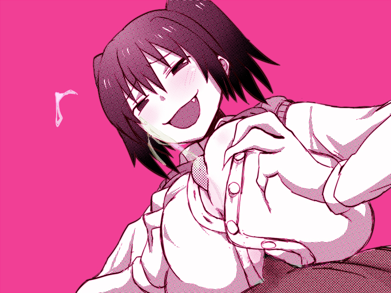 censored cum cute_fang danshi_koukousei_no_nichijou ejaculation female ikushima_(danshi_koukousei) male monochrome open_mouth osa_k paizuri paizuri_under_clothes penis pink pink_background school_uniform sex smile straight tied_hair twintails