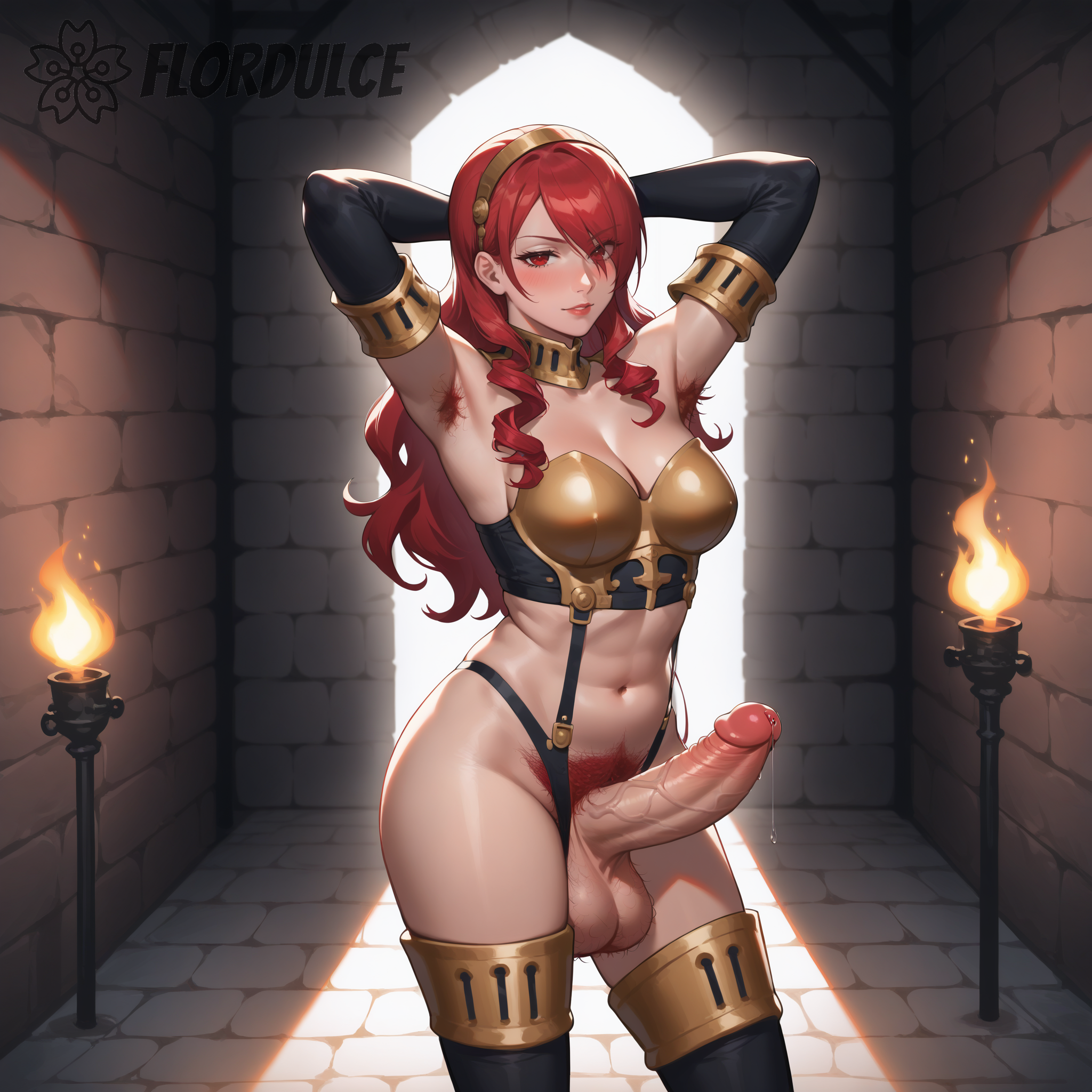 1futa, ai generated, alternate costume, armor, armpit hair, armpits, arms behind head, atlus, balls, balls hair, battle panties, bikini armor, erect penis, erection, exposed, exposed penis, flordulce, futa only, futanari, hairy armpits, hairy balls, high-cut armor (persona), indoors, intersex, megami tensei, mitsuru kirijo, penis, persona, persona 3, precum, precum drip, pubic hair, red eyes, red hair, seductive, seductive look, seductive smile, sega, skimpy armor, solo futa, standing, testicles