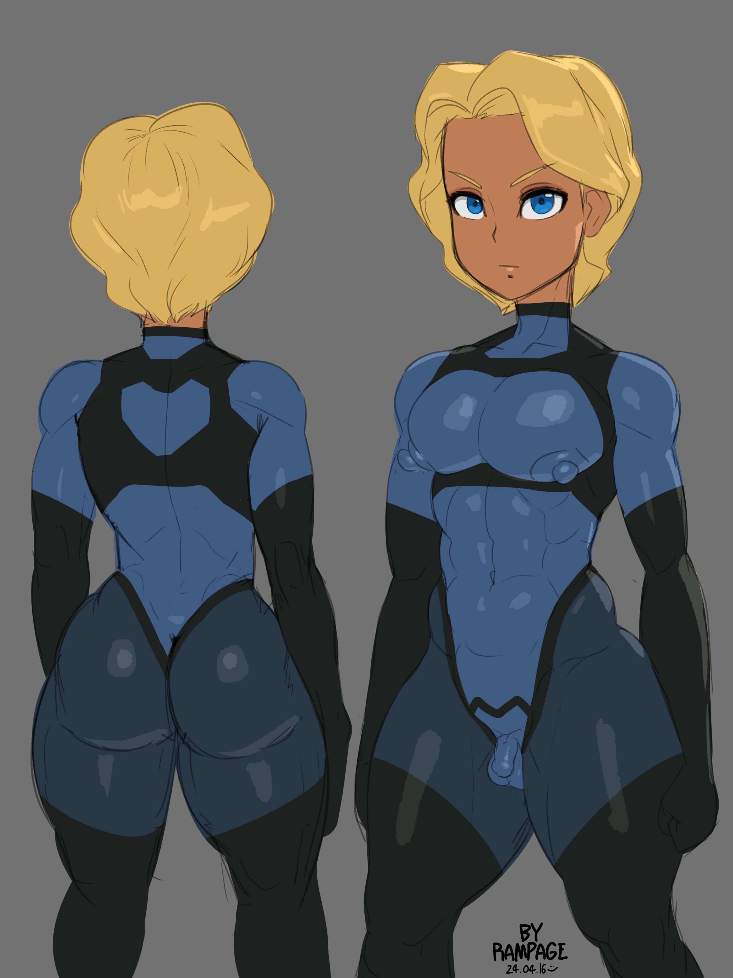 1boy, 2d, 2d (artwork), abs, ambush (trap), artist name, ass, big nipples, blonde hair, blue eyes, bodysuit, cleo toris (rampage0118), clothed, clothed male, dark skin, dark-skinned femboy, dark-skinned male, femboy, femboysub, male, male only, muscles, muscular, muscular femboy, muscular male, nipple bulge, nipples visible through clothing, original, original character, pecs, penis, penis under clothes, rampage0118, small penis, solo, twink
