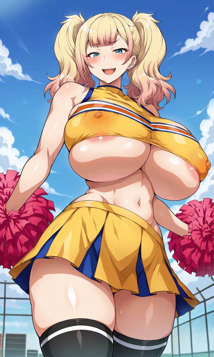 1girls ai_generated areolae big_breasts big_thighs blush breasts busty cheerleader cheerleader_uniform curvy female female_only gigantic_breasts huge_breasts huge_thighs jk_bitch_ni_shiboraretai large_breasts large_thighs massive_breasts milkersenjoyer navel nipple_bulge nipples_visible_through_clothing thick_thighs thighs twintails voluptuous yariko