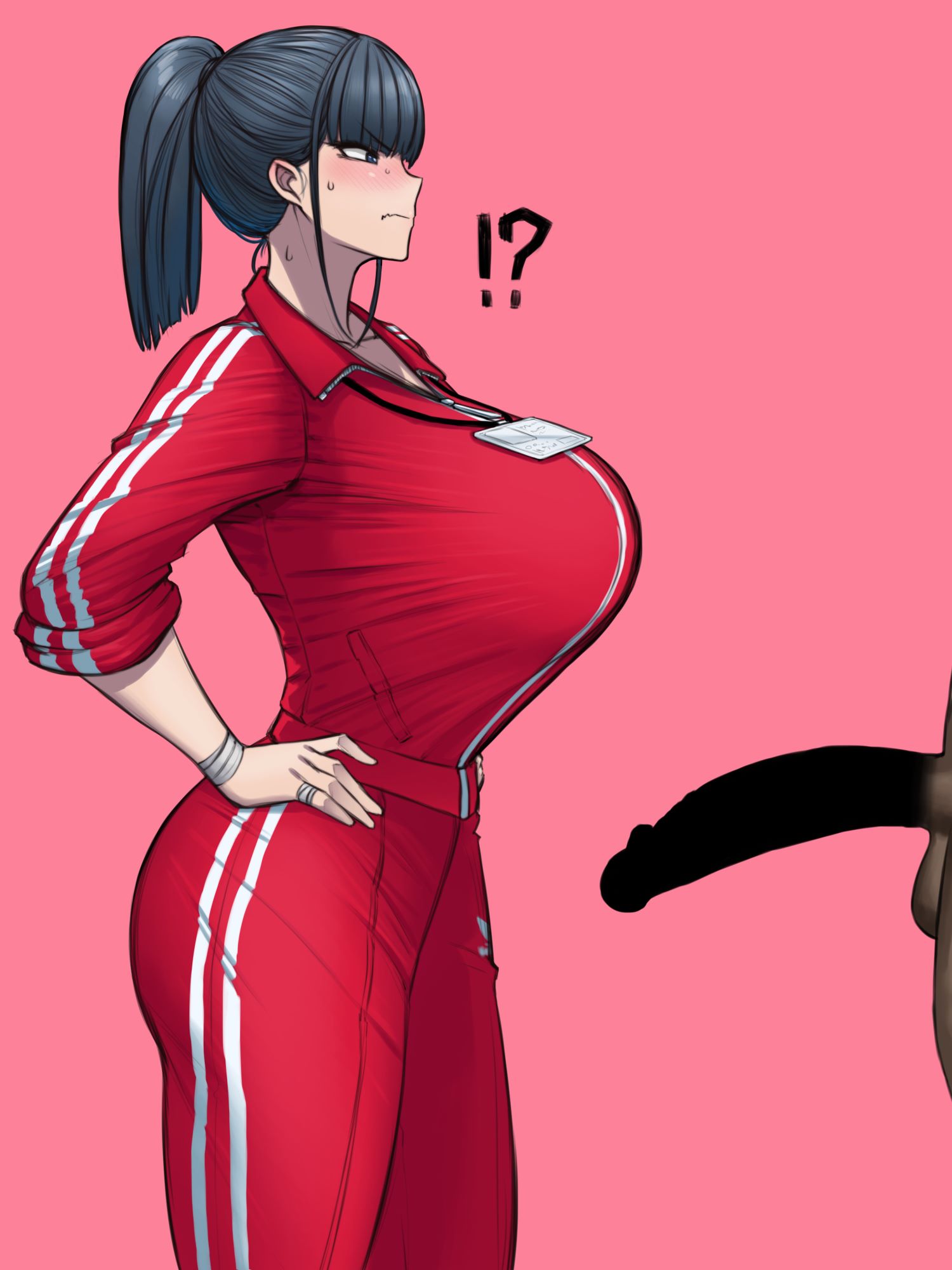 !?, 1boy, 1girls, 2d, angry, angry face, ass, bandage, bandaged arm, big breasts, black eyes, black hair, blush, breasts, censored, censored penis, dark skin, dark-skinned male, female, gym uniform, hi res, huge breasts, huge cock, id card, light skin, light-skinned female, long hair, male, penis, penis awe, pink background, ponytail, red jacket, red pants, simple background, solo focus, standing, striped clothing, sweat, wolffeld price