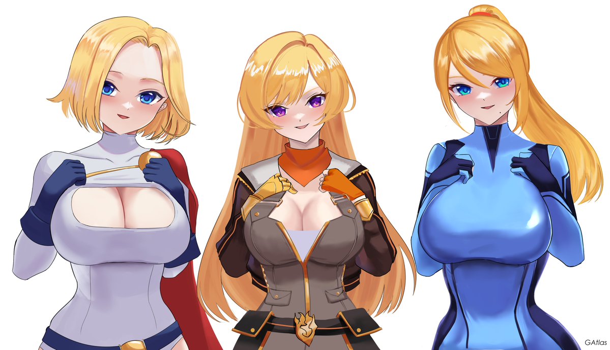 3girls blonde_female blonde_hair blue_eyes cleavage cleavage_cutout clothed_female color crossover dc dc_comics female female_only fully_clothed gatlas gatlasart02 kara_zor-l karen_starr metroid multiple_girls power_girl purple_eyes robotic_arm rwby samus_aran shiny_clothes superman_(series) tight_clothing yang_xiao_long zero_suit_samus