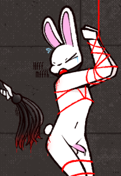 anthro ball_gag balls blood bodily_fluids bondage bound cat_o'_nine_tails digital_media_(artwork) fur gag genital_fluids genitals half-erect kama_(wendigoop) lagomorph lashes leaking_precum leporid male mammal nude penis pink_penis precum questionable_consent rabbit red_ropes restraints rope rope_bondage rope_harness simple_background solo submissive tail tears text weapon wendigoop whip white_body white_fur