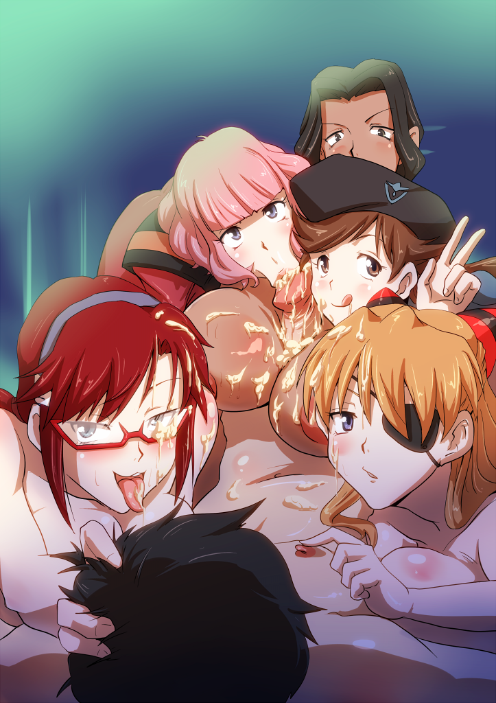 5girls :>= anxious areolae asuka_langley_sohryu big_breasts black_hair blowjob_face blue_eyes blush breast_press breasts brown_hair collaborative_fellatio cum cum_on_body cum_on_breasts cum_on_glasses cum_on_hair cum_on_upper_body dark-skinned_female dark_skin eye_patch facial fellatio female glasses hair harem hat highres huge_breasts human large_breasts long_hair looking_at_partner looking_at_viewer male mari_illustrious_makinami midori_kitakami multiple_girls neon_genesis_evangelion nipple_rub nipple_tweak nipples nude open_mouth oral paizufella paizuri paizuri_fellatio pale-skinned_female pale_skin peace_sign penis pink_hair ponytail rebuild_of_evangelion red_hair rickert_kai sakura_suzuhara shinji_ikari short_hair simple_background smile straight sumire_nagara teamwork tied_hair titfuck tongue tongue_out uncensored v