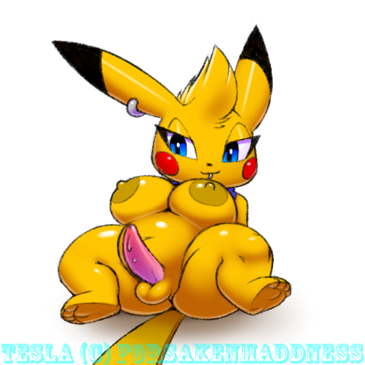 anthro areola balls blue_eyes breasts busty chubby cleavage dickgirl erect_nipples forsakenmaddness futanari herm intersex nintendo nipples overweight paws penis pikachu pokemon precum tesla testicles video_games voluptuous xylas