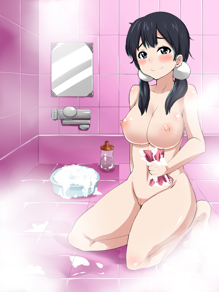 areolae bath bathroom black_hair blue_eyes blush breasts censored cleavage collarbone female happy highres hips kitashirakawa_tamako kneeling knees large_breasts legs long_hair looking_at_viewer mirror nipples nude ourakutei pussy smile solo sponge steam tamako_market thighs tied_hair twintails wide_hips