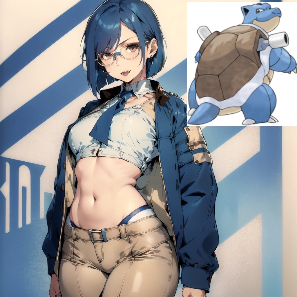 ai_generated blastoise blue_hair humanization navel nintendo open_mouth pokemon pokemon_(species) pokewomen