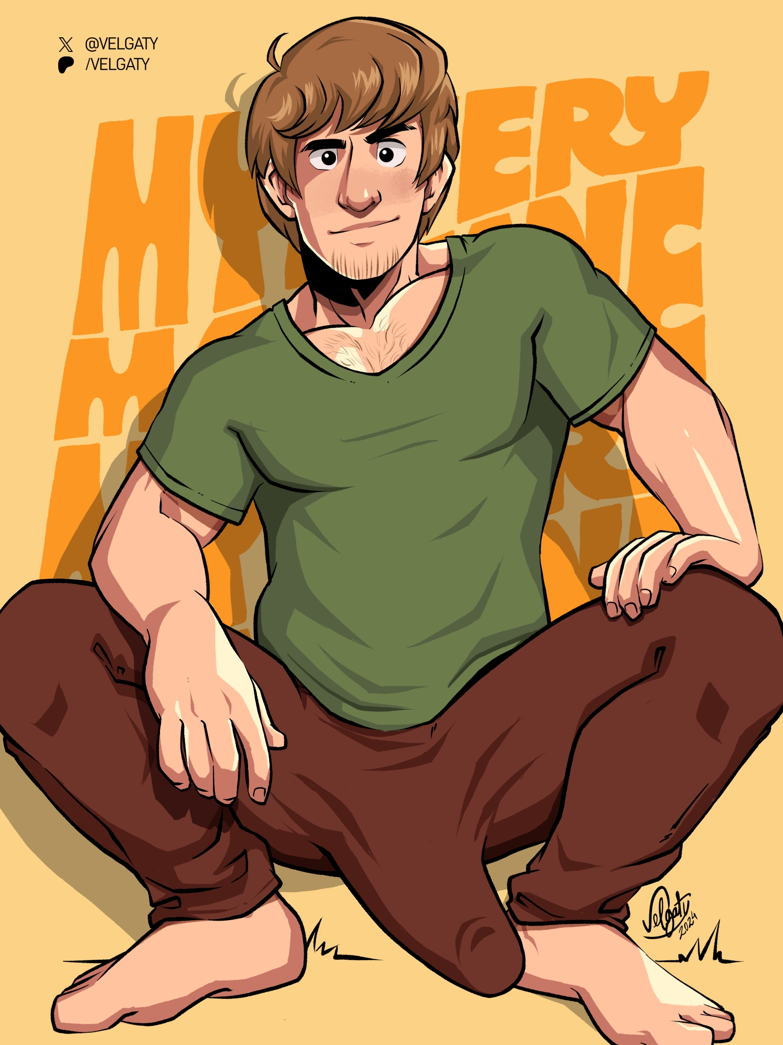 1boy, arm hair, barefoot, beard stubble, big boner, boner, brown hair, brown pants, chest hair, clothing, daddy, erection, facial hair, gay, gay male, gigantic penis, green shirt, hairy, hairy male, hanna-barbera, huge cock, human, human only, large penis, light skin, light-skinned male, looking at viewer, male, male only, massive penis, mature, mature male, pants, penis, penis in pants, scooby-doo, shaggy rogers, solo, solo male, squatting, thick penis, velgaty, yaoi