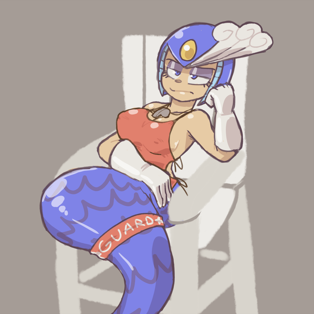 1girls annoyed capcom chimera cleavage domobot female gloves helmet large_breasts lifeguard mega_man mega_man(classic) mermaid png robot robot_girl sitting splash_woman tail