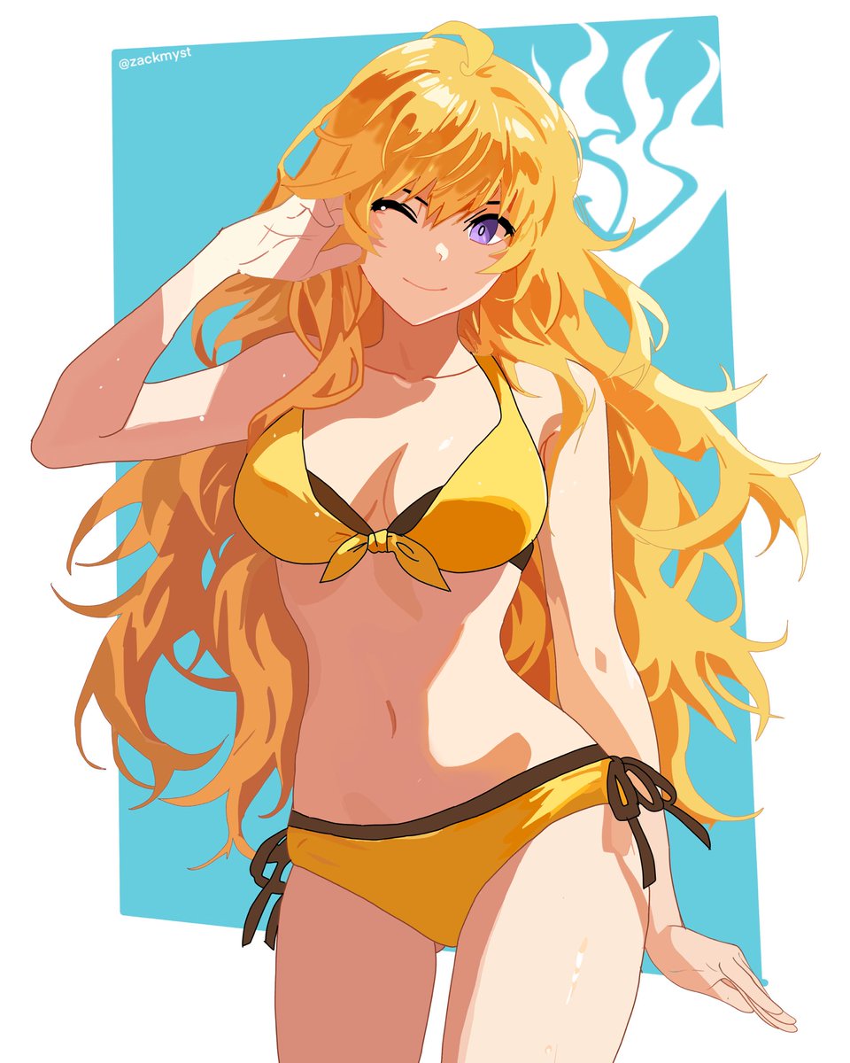 1girls, bikini, bikini bottom, bikini top, color, female, long hair, long-haired female, purple eyes, rwby, solo female, swimsuit, winking, yang xiao long, zackmyst