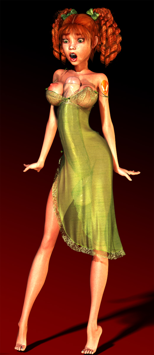 1futa, 3d, ankles, autopaizuri, autopaizuri under clothes, balls, barefoot, bimbo, breasts, feet, female, freckles, futanari, ginger, grendel, huge breasts, hyper balls, hyper penis, hyper testicles, intersex, paizuri, penis, penis under dress, red hair, shocked, shocked expression, shocked eyes, soles, solo futa, surprised, surprised expression, surrounded by penis, testicles, toenails, toes