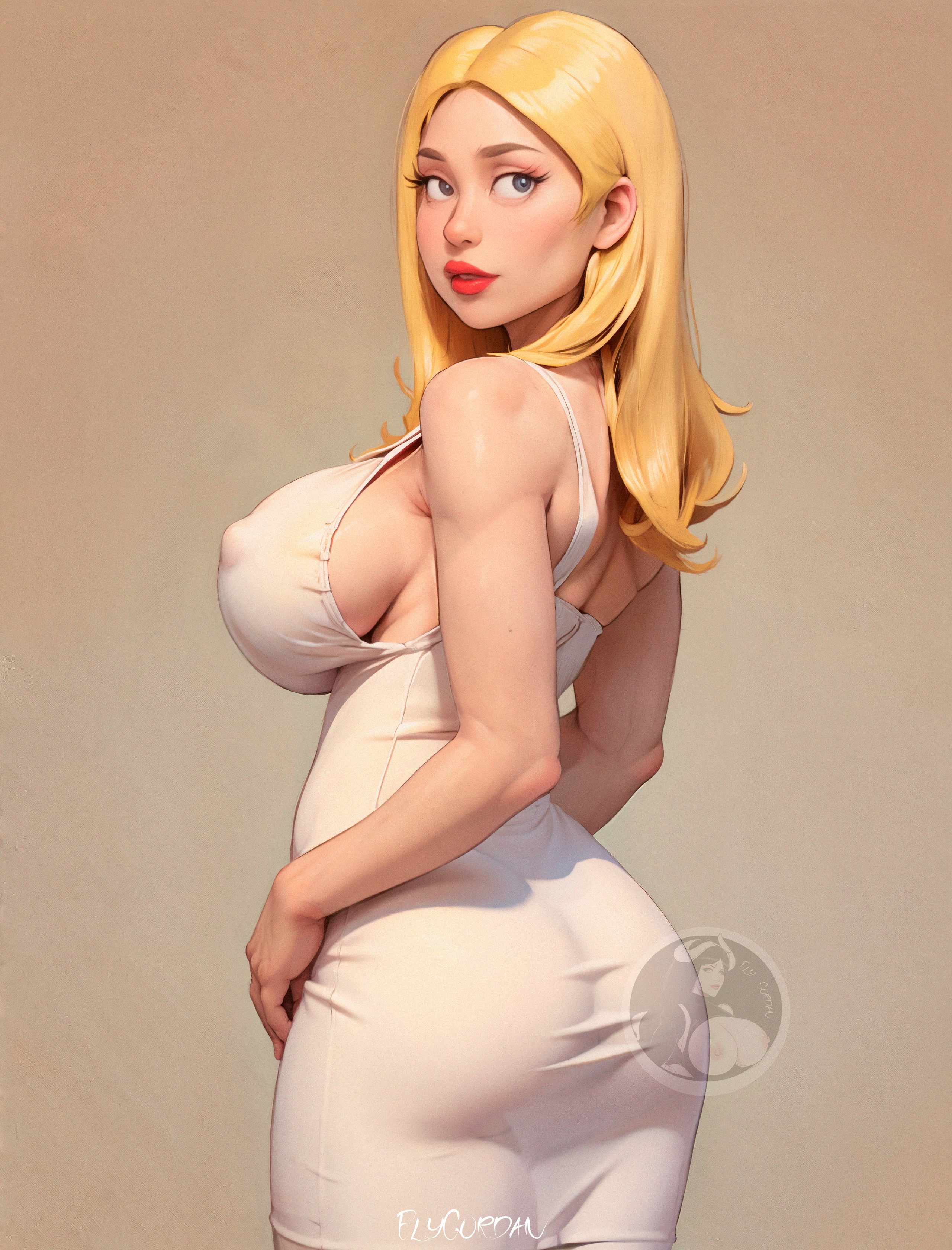 ai generated, american dad, ass, big ass, big breasts, big butt, big nipples, blonde hair, breasts, elygordan, elygordanart, female, francine smith, huge ass, huge breasts, huge butt, huge nipples, looking at viewer, nipples visible through clothing, red lipstick, solo, white dress