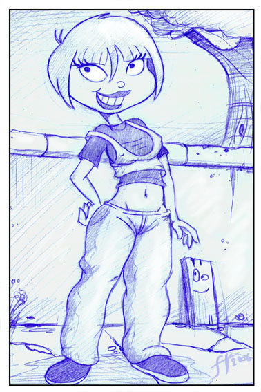 14-bis 1girls 2006 blue_and_white bob_cut boobs breasts cartoon_network clothed clothing detailed_background ed_edd_n_eddy female female_only full_body fully_clothed hip_bones lips medium_breasts medium_hair midriff navel nazz_van_bartonschmeer plank_(ed_edd_n_eddy) solo straight_hair t-shirt tank_top traditional_media traditional_media_(artwork)