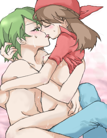 1boy 1girls artist_request bandana beige_skin blush bottomless brown_hair closed_eyes clothes color drew_(pokemon) female french_kiss green_eyes green_hair hair human human_only kissing lowres male may_(pokemon) nintendo nipples pokemon pokemon_rse red_bandana rivals sex shirt_lift shuu_(pokemon) side_view straight straight_hair sweat topless