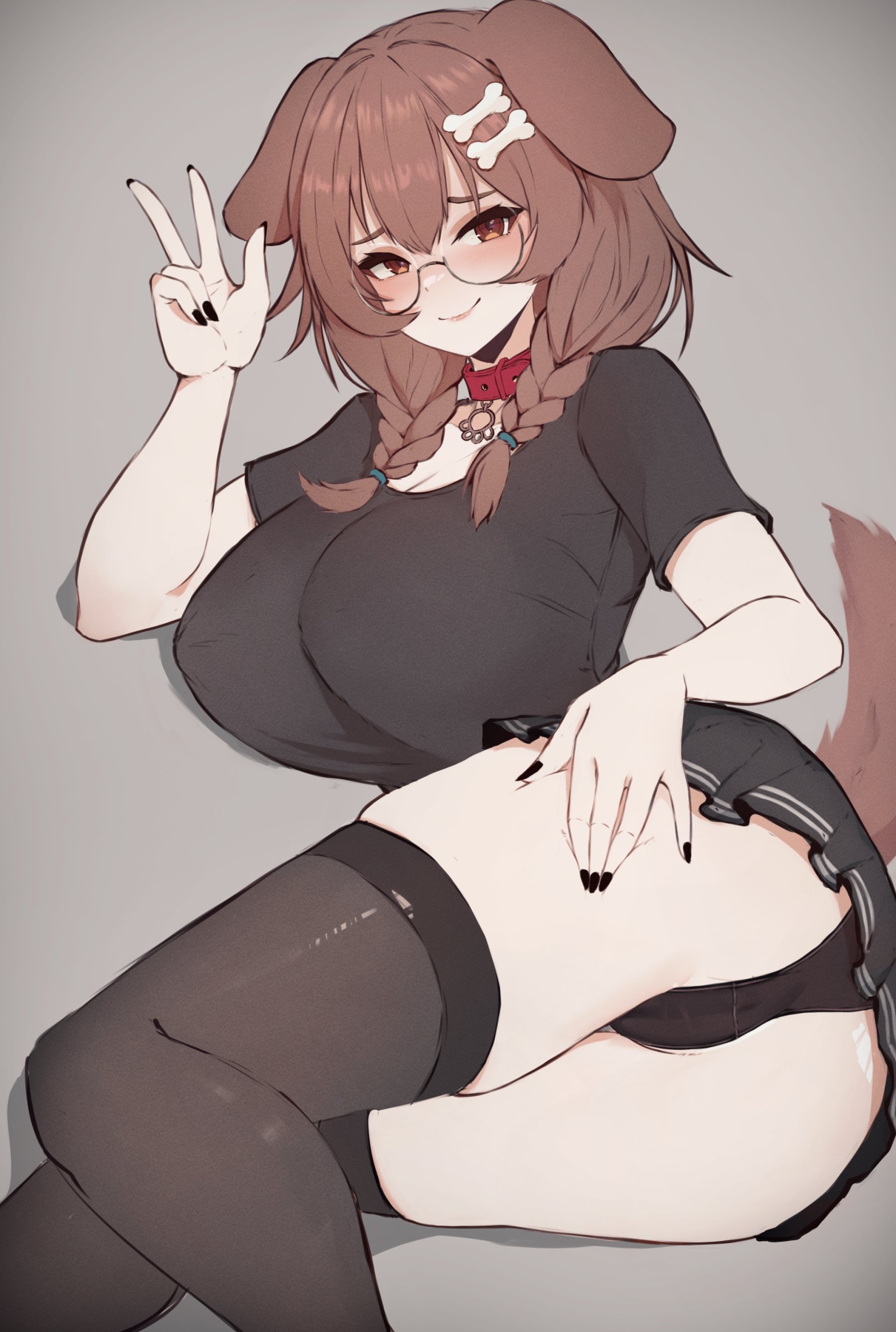 1girls, ass, big breasts, breasts, brown eyes, brown hair, clothing, collar, dog ears, dog tail, female, glasses, hi res, hololive, hololive gamers, hololive japan, inugami korone, large breasts, panties, round glasses, skirt, smile, solo, stockings, t-shirt, tail, thighs, varniskarnis, virtual youtuber
