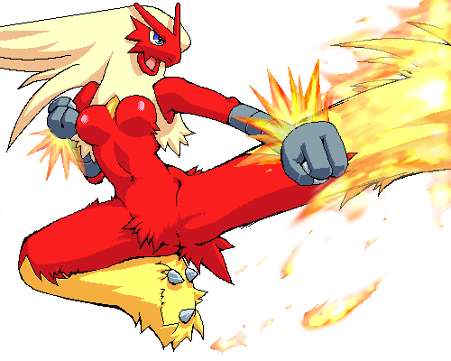 3_fingers 3_toes barefoot blaziken blue_eyes breasts claws colored female female_only front_view g-sun kick nipples open_eyes open_mouth pink_nipples pokemon pokemon_(species) simple_background solo white_background