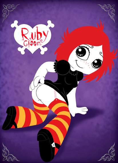 ass ass_grab clothing color dress dress_lift female female_only footwear hair human no_panties red_hair ruby_gloom ruby_gloom_(franchise) shoe short_hair socks solo spread_legs striped_sock upskirt white_skin