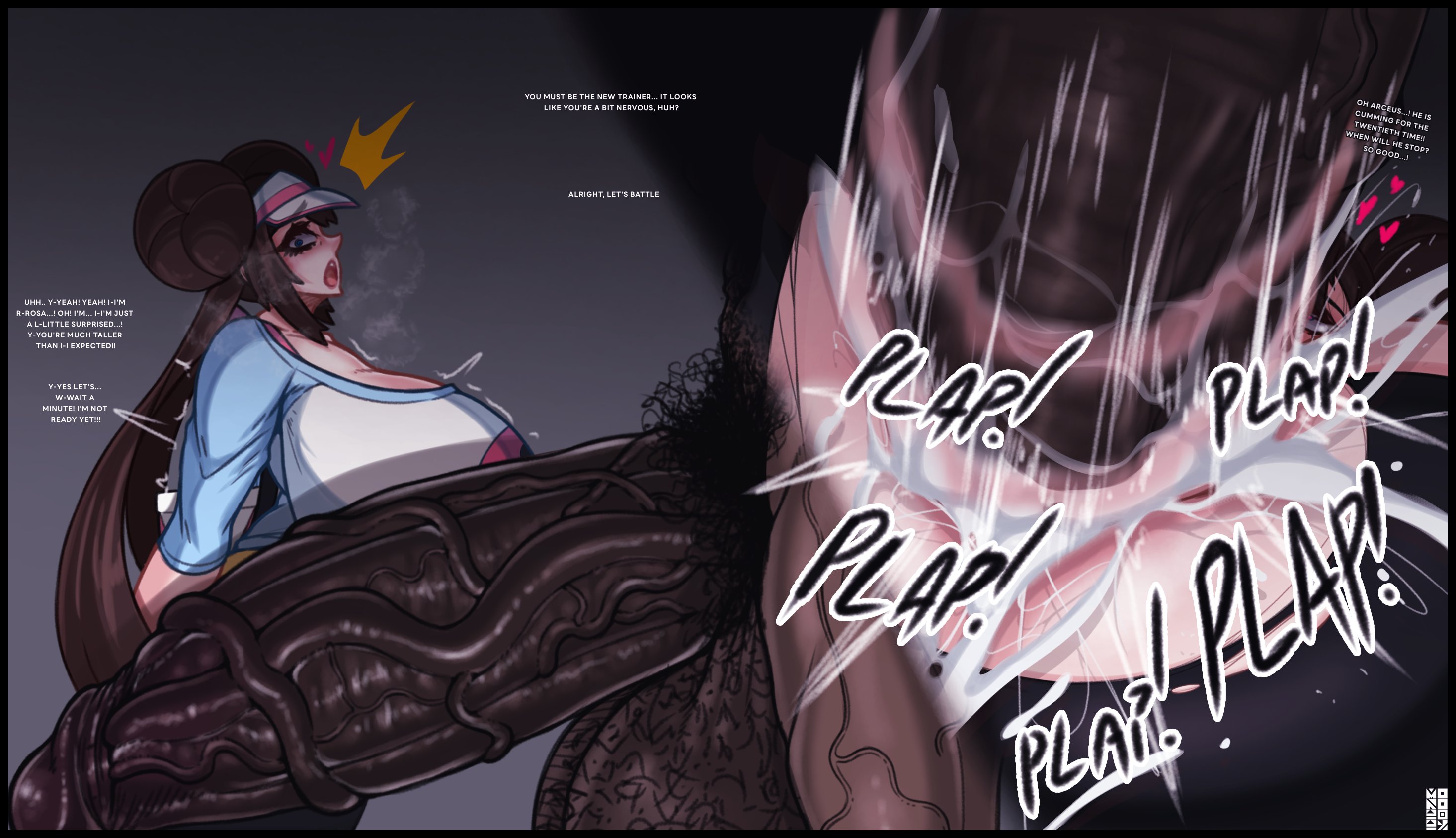 1boy, 1girls, 2koma, alternate breast size, aomokoka, ass, breasts, cum, cum in pussy, cum inside, dark skin, dark-skinned male, enormous penis, excessive cum, female, fucked silly, gigantic breasts, gigantic penis, huge ass, hyper, hyper breasts, hyper penis, instant loss 2koma, interracial, male, penis, pokemon, pokemon bw, pokemon bw2, pubic hair, pussy, rosa (pokemon), thick penis, veiny penis