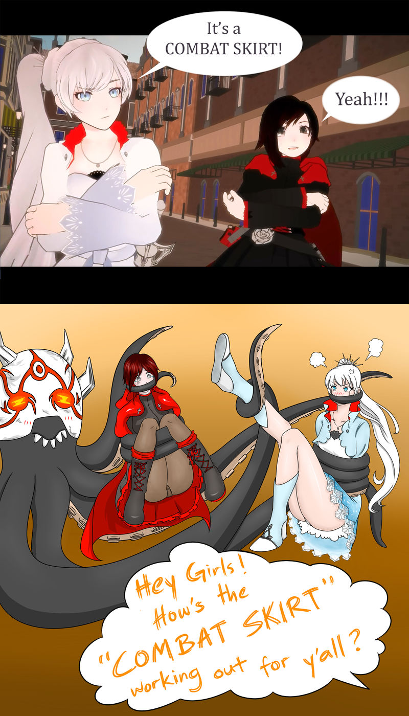 2girls bondage bound cape combat_skirt dress english_text female grimm_(rwby) human imminent_tentacle_rape imminent_tentacle_sex jjavangard multiple_girls octopus offscreen_character pantyshot ruby_rose rwby tentacle tentacle_monster text upskirt weiss_schnee