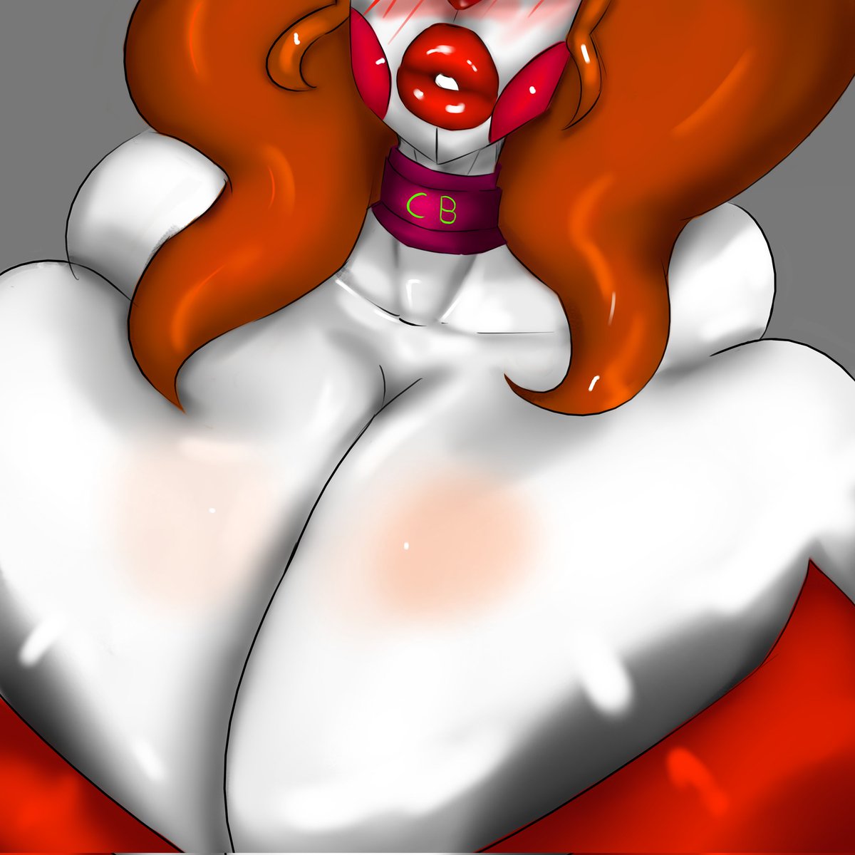 baby_(fnafsl) blush blushing breast_blush breast_focus choker circus_baby circus_baby_(fnaf) fableeg female female_only five_nights_at_freddy's five_nights_at_freddy's:_sister_location huge_breasts nipples_visible_through_clothing red_cheeks red_hair red_lips white_body