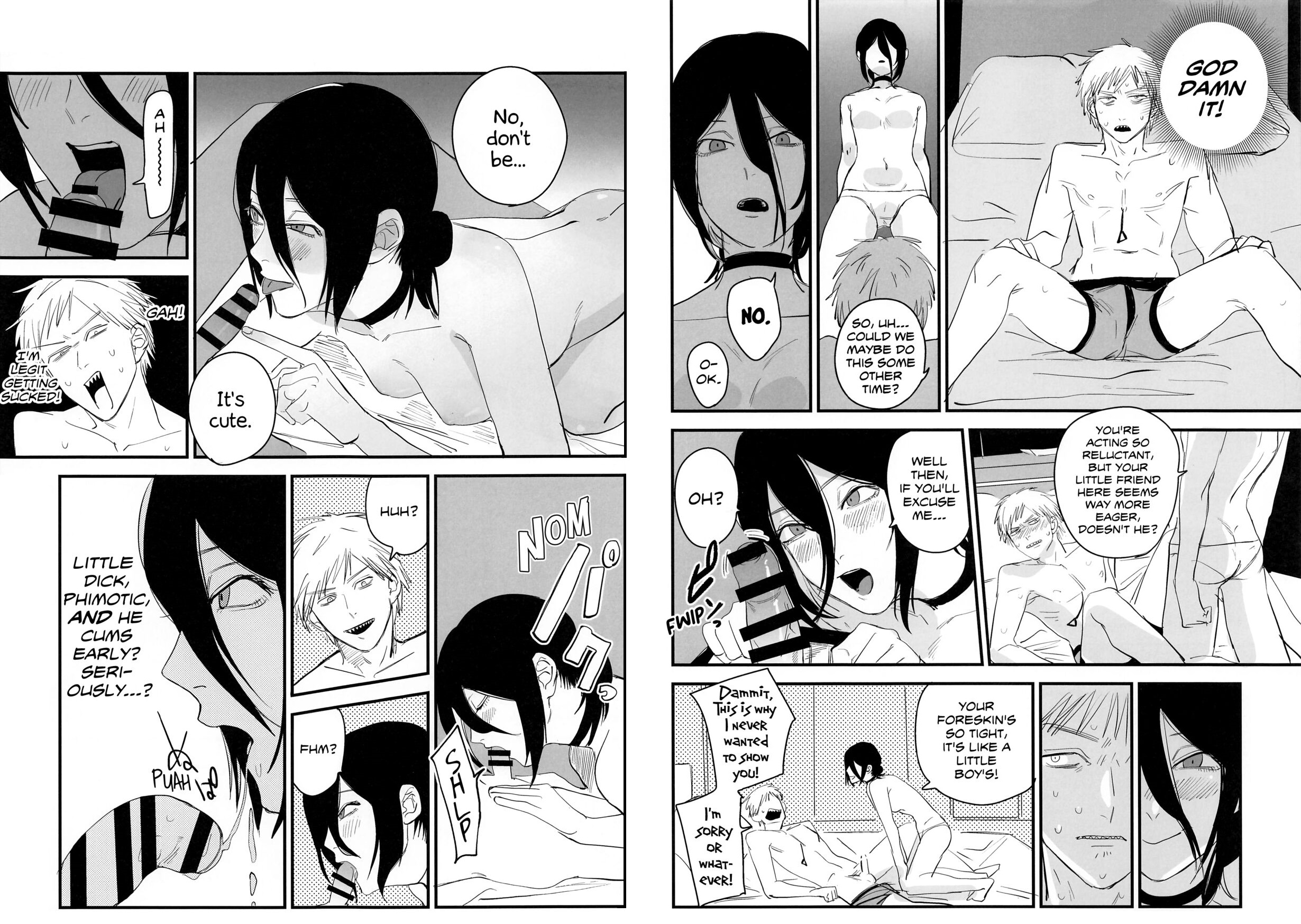 1boy, 1girls, assertive female, bar censor, black hair, blonde hair, blowjob, blush, breasts, censored, chainsaw man, choker, cum, cum inside, denji (chainsaw man), doujinshi, english text, erection, female, female focus, foreskin, hi res, male, monochrome, multiple views, naked, naked female, nude, nude female, panties, penis, premature ejaculation, premature ejaculation shaming, reze (chainsaw man), small penis, smooth penis, straight, text, tight foreskin, uncircumcised
