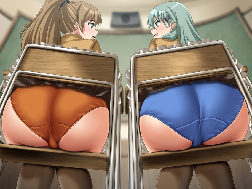 2girls absurdres ass blue_panties brown_hair brown_skirt brown_thighhighs chair classroom frilled_skirt frills from_behind green_eyes green_hair hair_ornament hairclip highres indoors kantai_collection kumano_(kantai_collection) kumano_kai_ni_(kantai_collection) long_hair miniskirt multiple_girls orange_panties panties ponytail school_chair school_uniform sitting skirt suzuya_(kantai_collection) suzuya_kai_ni_(kantai_collection) thighhighs underwear zanntetu