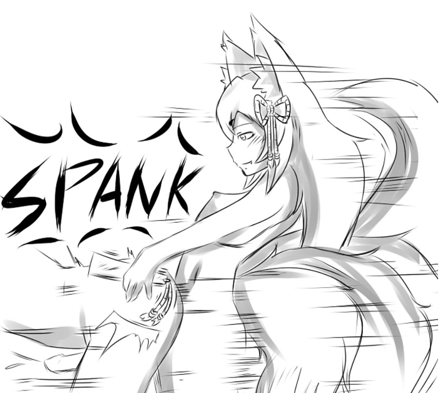 1boy, 1futa, anal, anal sex, artist request, bent over, female, fox ears, fox tail, futa on male, futadom, futanari, intersex, kitsune, luka (mon-musu quest!), male, male penetrated, malesub, monster girl quest, motion blur, motion lines, spanking, tamamo (monster girl quest)