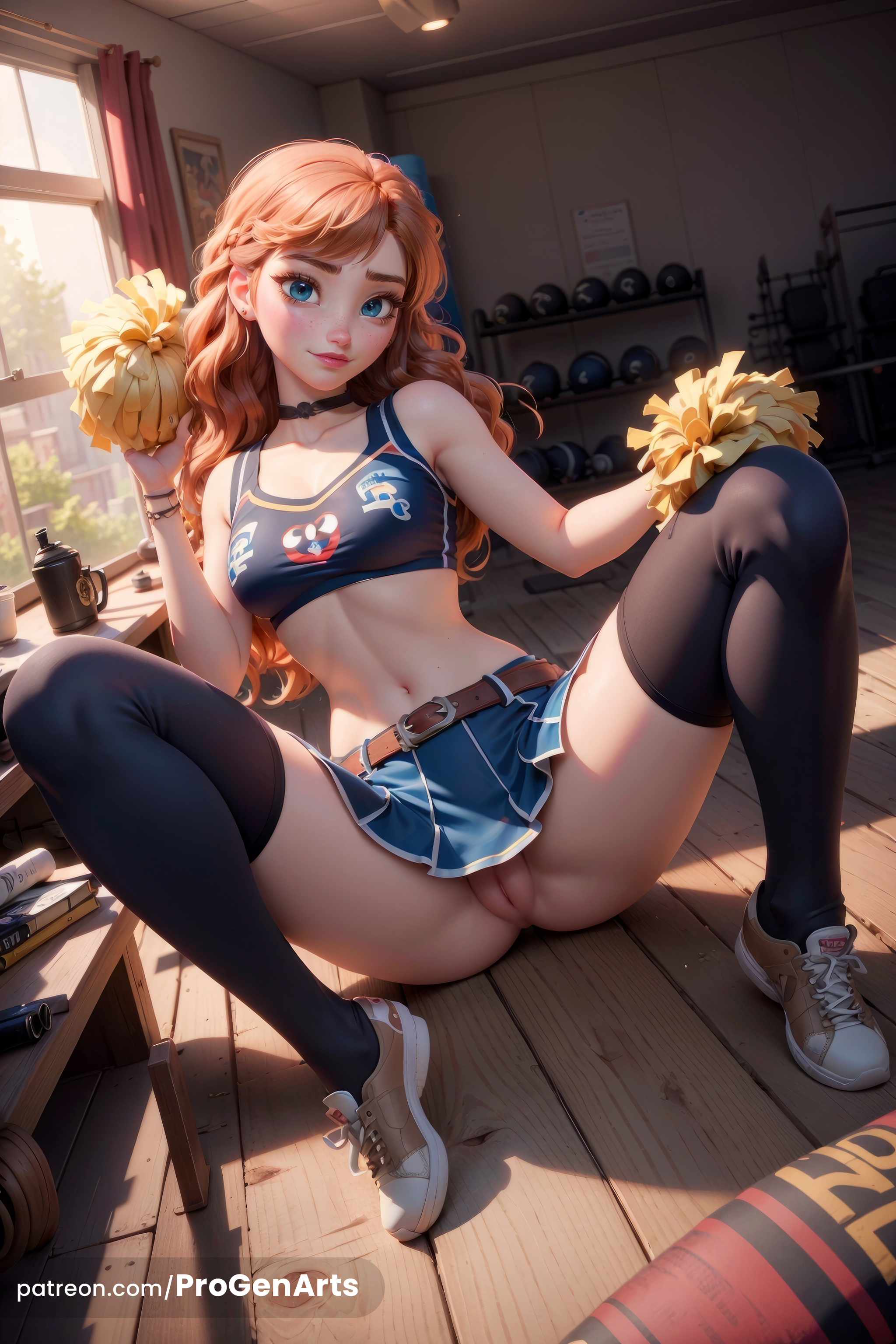 ai generated, anna (frozen), bed, blue eyes, breasts, cheerleader, clothing, disney, disney princess, earrings, female, frozen (film), looking at viewer, navel, nipples, orange hair, panties, progenarts, skirt, small breasts, solo, sportswear, stockings, topless, twin braids, uncensored, web address