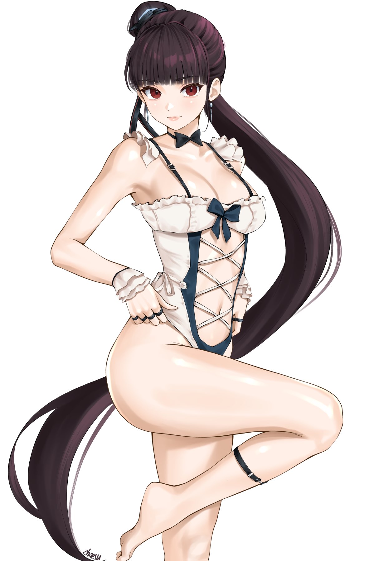 1girls black_hair brown_eyes chaesu cleavage eve_(stellar_blade) female female_only fully_clothed looking_at_viewer ponytail revealing_clothes solo stellar_blade thighs