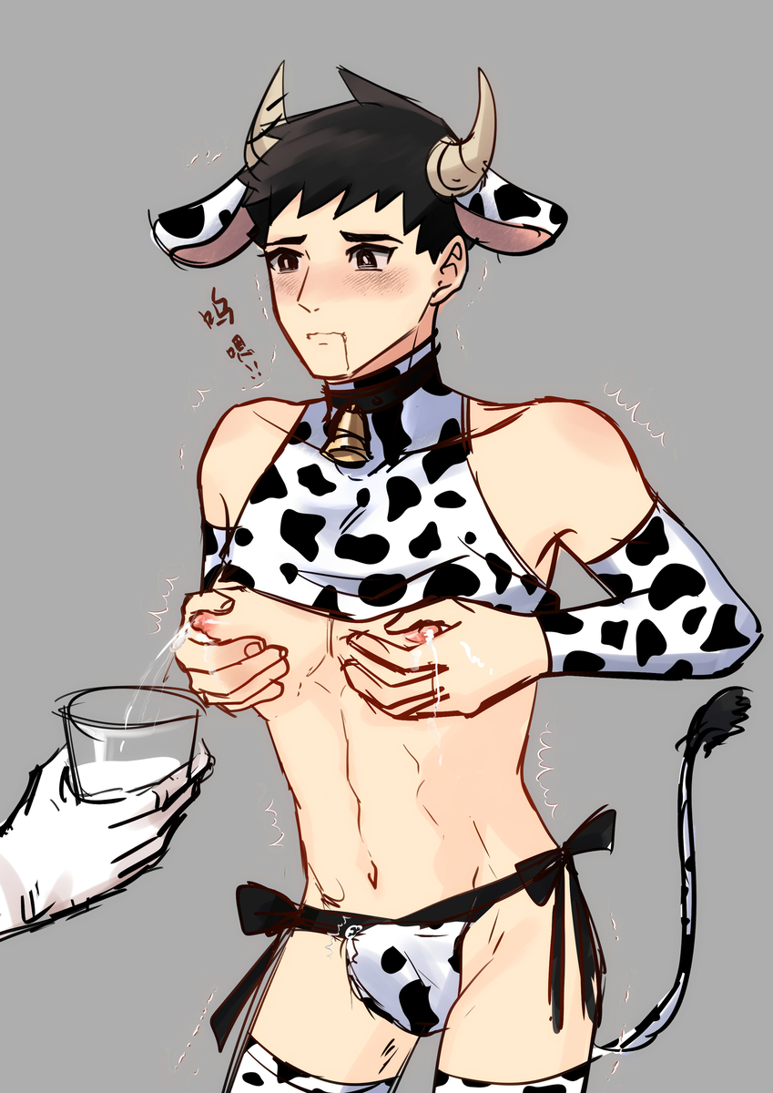 1boy blush buldge cow_ears cow_horns cow_print cow_print_bikini cow_tail cup dai_gyakuten_saiban disembodied_hand drooling femboy gyakuten_saiban lactating male_only milk_squirt ryunosuke_naruhodo the_great_ace_attorney