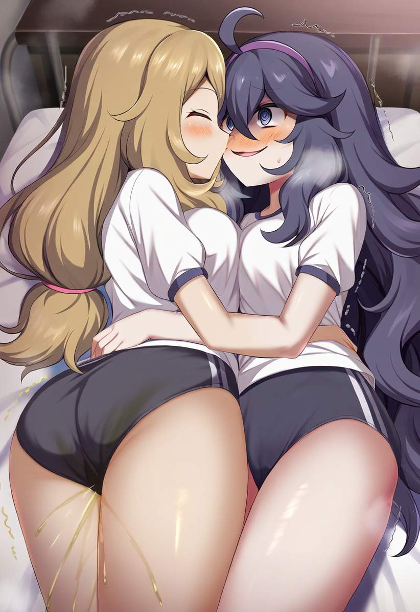 ai_generated big_butt blonde_hair blush closed_eyes gym_uniform hex_maniac huge_breasts in_search_of_holy_water kissing kissing_cheek large_breasts light-skinned_female light_skin long_hair nintendo one_closed_eyes peeing pokemon pokemon_xy purple_eyes purple_hair serena_(pokemon) smiling thick_thighs thighs urine yuri