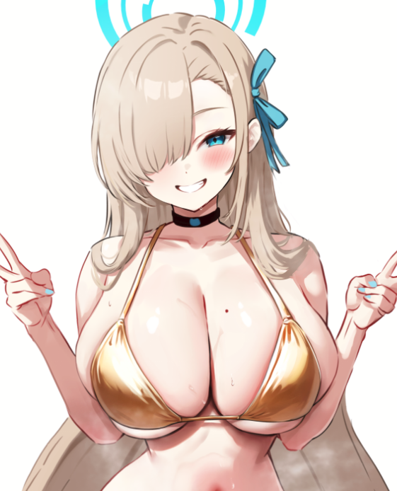 1girls asuna_(blue_archive) blue_archive blue_eyes breasts choker cleavage female female_only gold_bikini large_breasts looking_at_viewer mochimooncurry mole mole_on_breast solo white_background