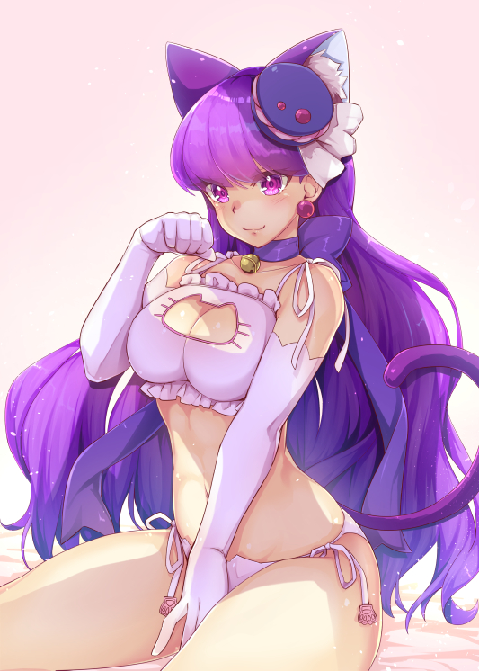 1girls bell bell_choker bra breasts cat_ears cat_keyhole_bra cat_keyhole_lingerie cat_lingerie cat_tail catgirl choker cleavage_cutout cure_macaron earrings elbow_gloves food-themed_hair_ornament gloves kirakira_precure_a_la_mode kotozume_yukari large_breasts lingerie long_hair looking_at_viewer midriff navel panties precure pretty_cure purple_bra purple_eyes purple_hair purple_lingerie purple_panties satou_(kuso-neet) side-tie_panties