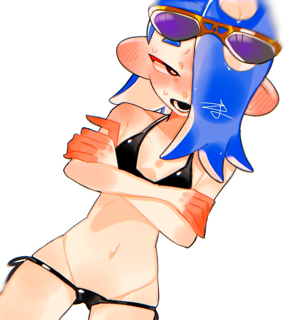 bikini, black bikini, blue hair, blush, blushing, breasts, crossed arms, embarrassed, embarrassed female, female, female focus, mostly nude, naq9dokisirtaor, octoling, shiver (splatoon), simple background, small breasts, solo, solo female, splatoon, splatoon (series), splatoon 3, sunglasses, sunglasses on head, sweat, sweatdrop, sweating, swimsuit, tagme, white background