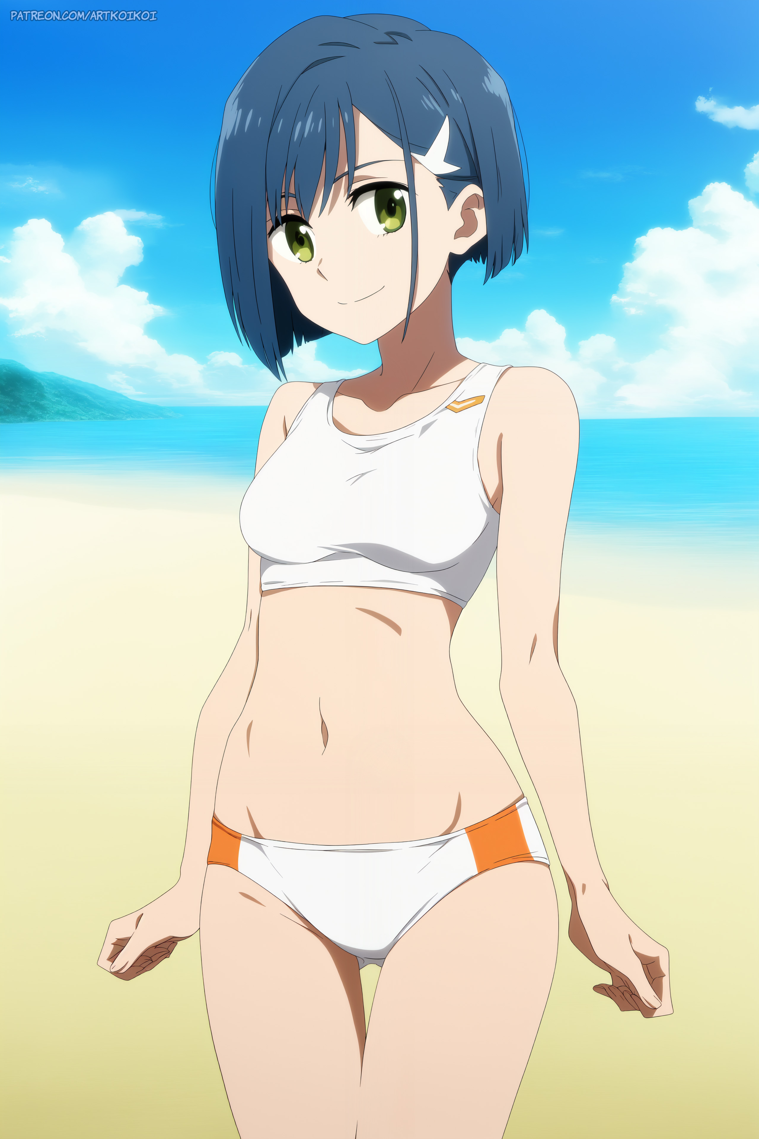 1girls, ai generated, artkoikoi, bangs, bare shoulders, beach, belly, belly button, blue hair, breasts, collarbone, commentary request, darling in the franxx, english commentary, female, female only, green eyes, hairclip, ichigo (darling in the franxx), koikoi, light skin, light-skinned female, looking at viewer, medium breasts, midriff, navel, outdoors, outside, short hair, smile, solo, solo female, sports bra, sports panties, standing, tagme, thick thighs, thigh gap, thighs