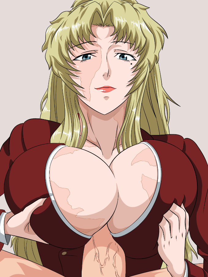 balalaika black_lagoon blonde_hair blue_eyes breast_squeeze breasts cleavage clothed_female_nude_male deep_skin female formal hair huge_breasts huge_cock igatto large_penis lips lipstick long_hair makeup male mole no_bra paizuri penis ponytail scar solo_focus straight suit tied_hair