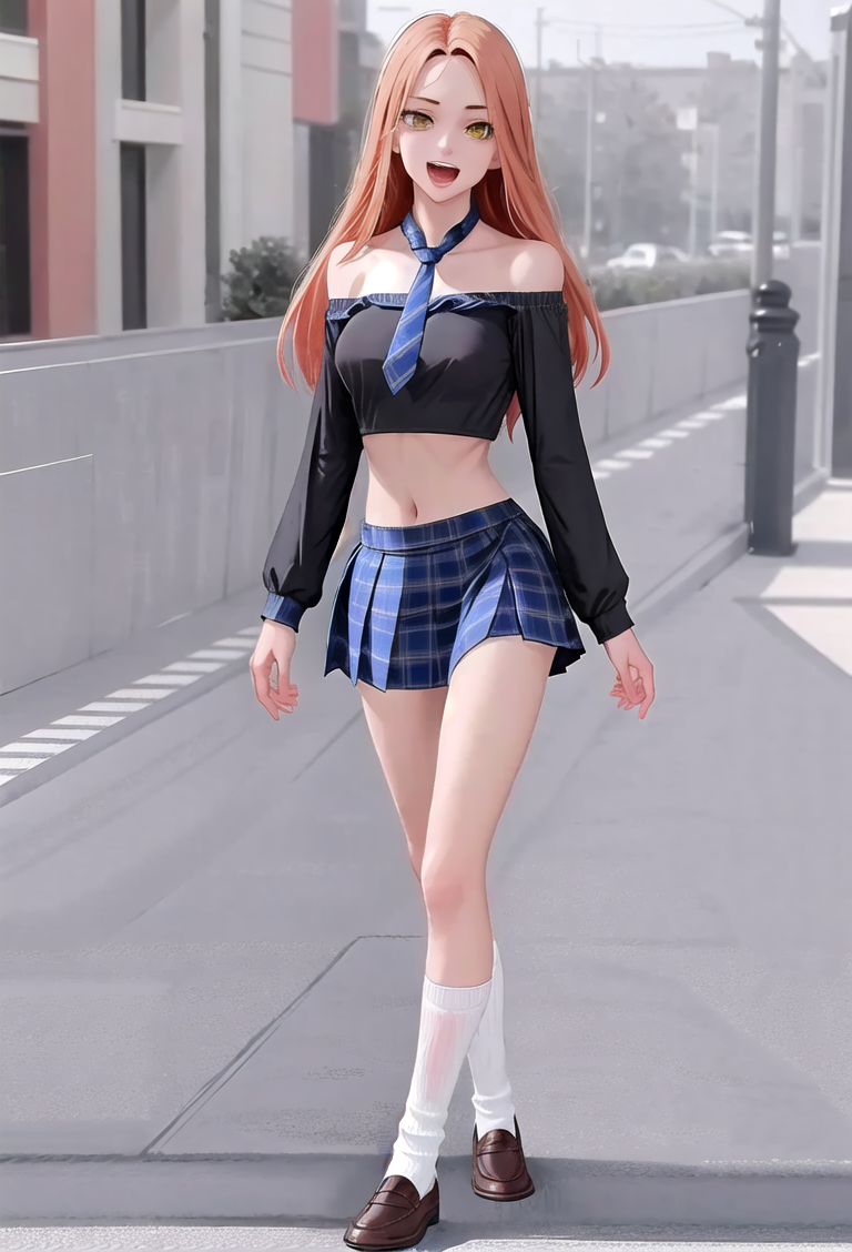 ai_generated crop_top large_breasts long_hair long_sleeves miniskirt nipples nipples_visible_through_clothing orange_hair school_uniform shirt shoes shoulderless_shirt shoulders slim_waist thighs tokyo_revengers walking yuzuha_shiba