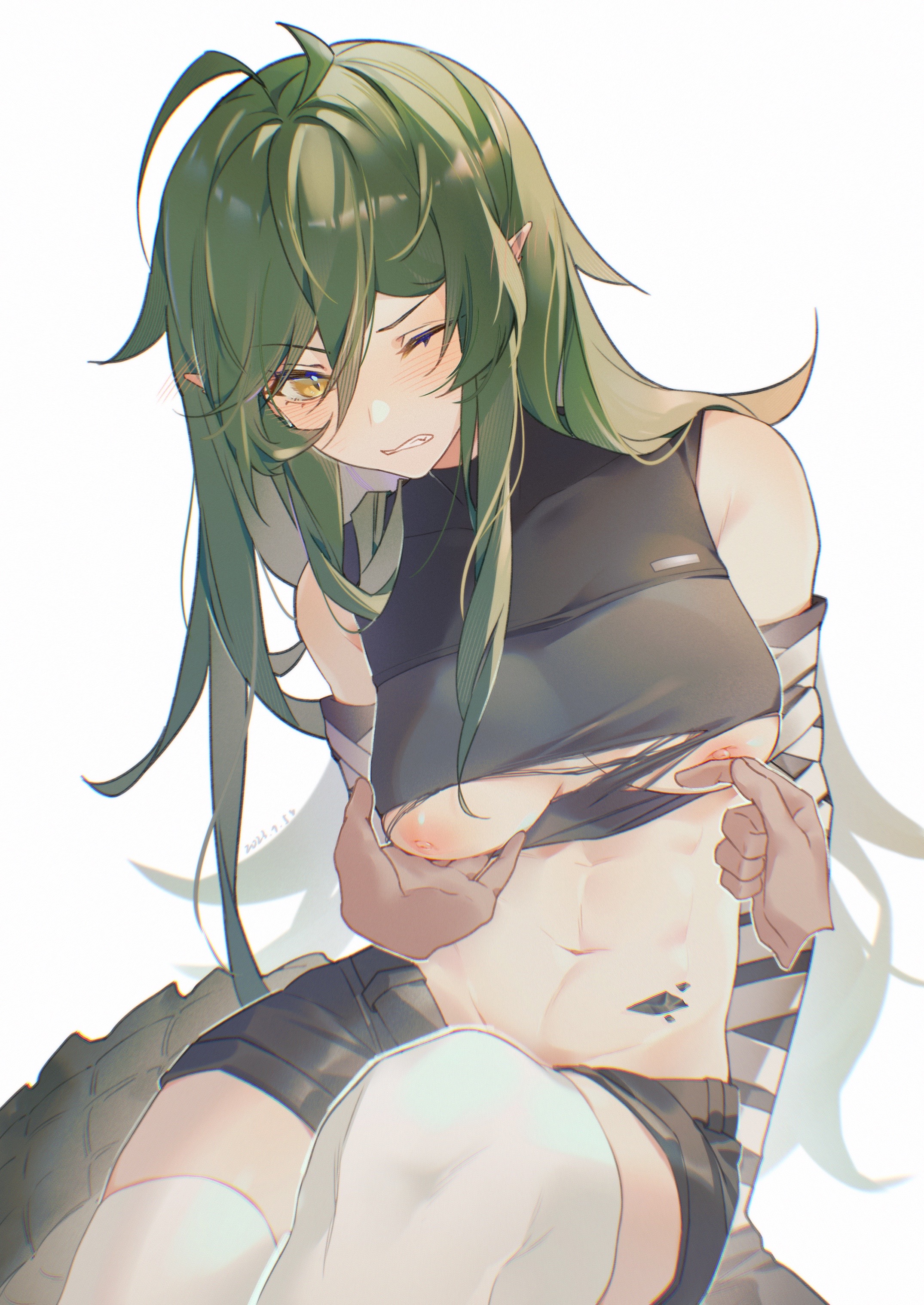 1girls, arknights, breast grab, breasts, clenched teeth, female, fondling breast, gavial (arknights), green hair, groping, groping breasts, hi res, moozsilent, one eye closed, pointy ears, short shorts, shorts, slit pupils, thighhighs, topless, torn clothes, white thighhighs, yellow eyes