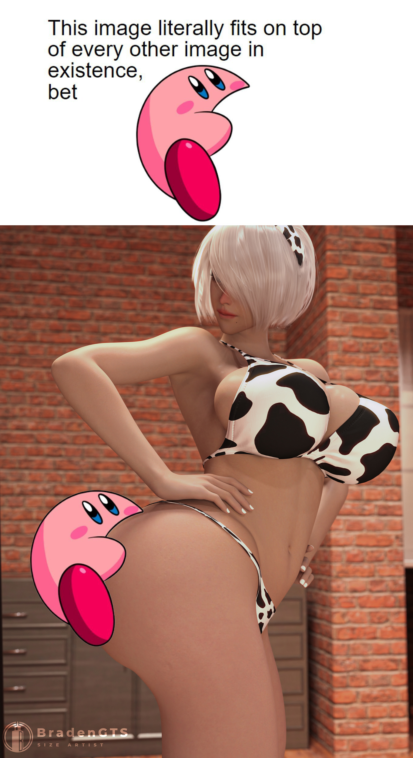 1girls, android, android girl, ass, big ass, big breasts, big butt, bikini, bradengts, breasts, cow bikini, cowkini, crossover, female, female focus, female only, kirby, kirby (series), light skin, light-skinned female, meme, midriff, nier, nier (series), nier: automata, nintendo, robot, robot girl, robot humanoid, solo, solo female, solo focus, yorha 2b