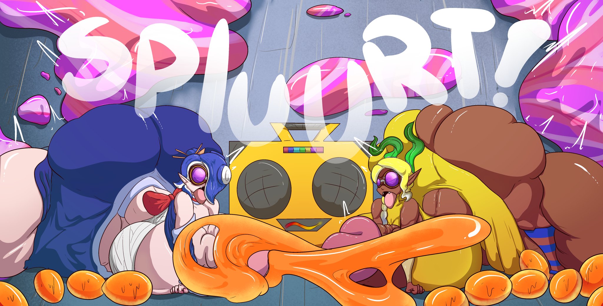 2futas, all fours, ass, ass bigger than head, ass up, autopaizuri, balls, balls bigger than head, barely clothed, blizynx, boob window, boombox, breasts, breasts bigger than head, casual, casual nudity, clothed, clothing, corruption, cum, dark skin, dark-skinned futa, duo, ejaculation, erection, female, female to futa, frye (splatoon), futa only, futa transformation, futanari, fuzzy (splatoon), gold boombox (prevence), hands-free, handsfree ejaculation, huge ass, huge breasts, humanoid, humanoid penis, hyper ass, hyper balls, hyper breasts, hyper penis, hypnosis, intersex, light skin, light-skinned futa, mostly clothed, nintendo, no bra, no underwear, orgasm, paizuri, paizuri over clothes, paizuri under clothes, penis, self paizuri, shiver (splatoon), sideass, splatoon, splatoon 3, teasing, thick thighs, tongue, tongue out, transformation, twerking, useless clothing, wide hips